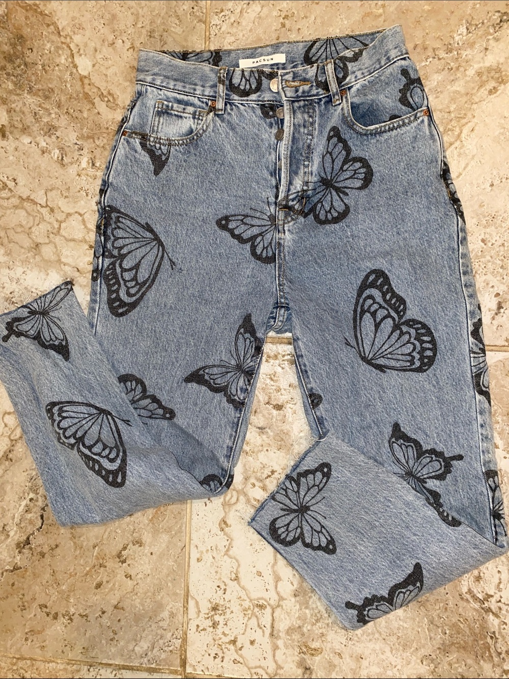 PacSun Women's Light Blue High-Rise Straight Jeans with Black Butterfly Print